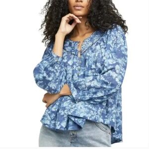 We The Free Free People XS Cool Meadow Blue Floral Cotton Embroidered Top Boho